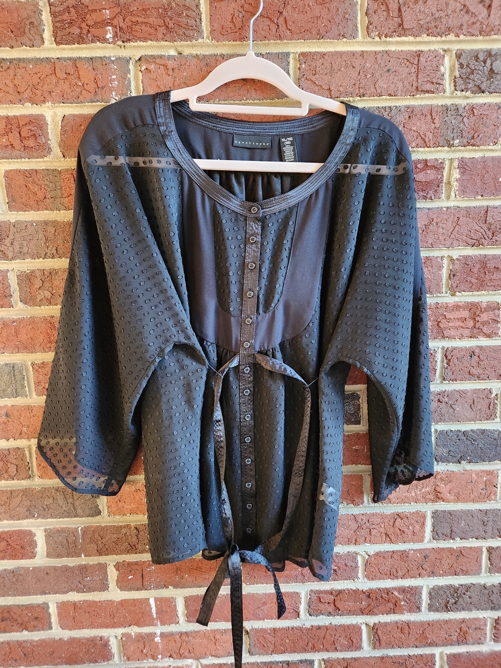 Apostrophe Black Textured Dot Button-Up Top